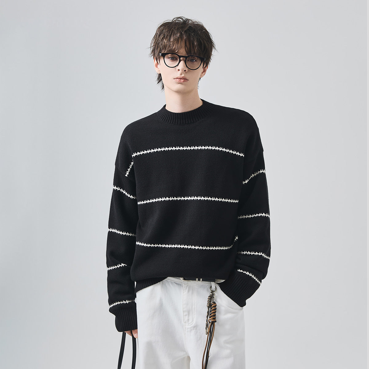 Unisex Loose Striped Crewneck Knit Sweater