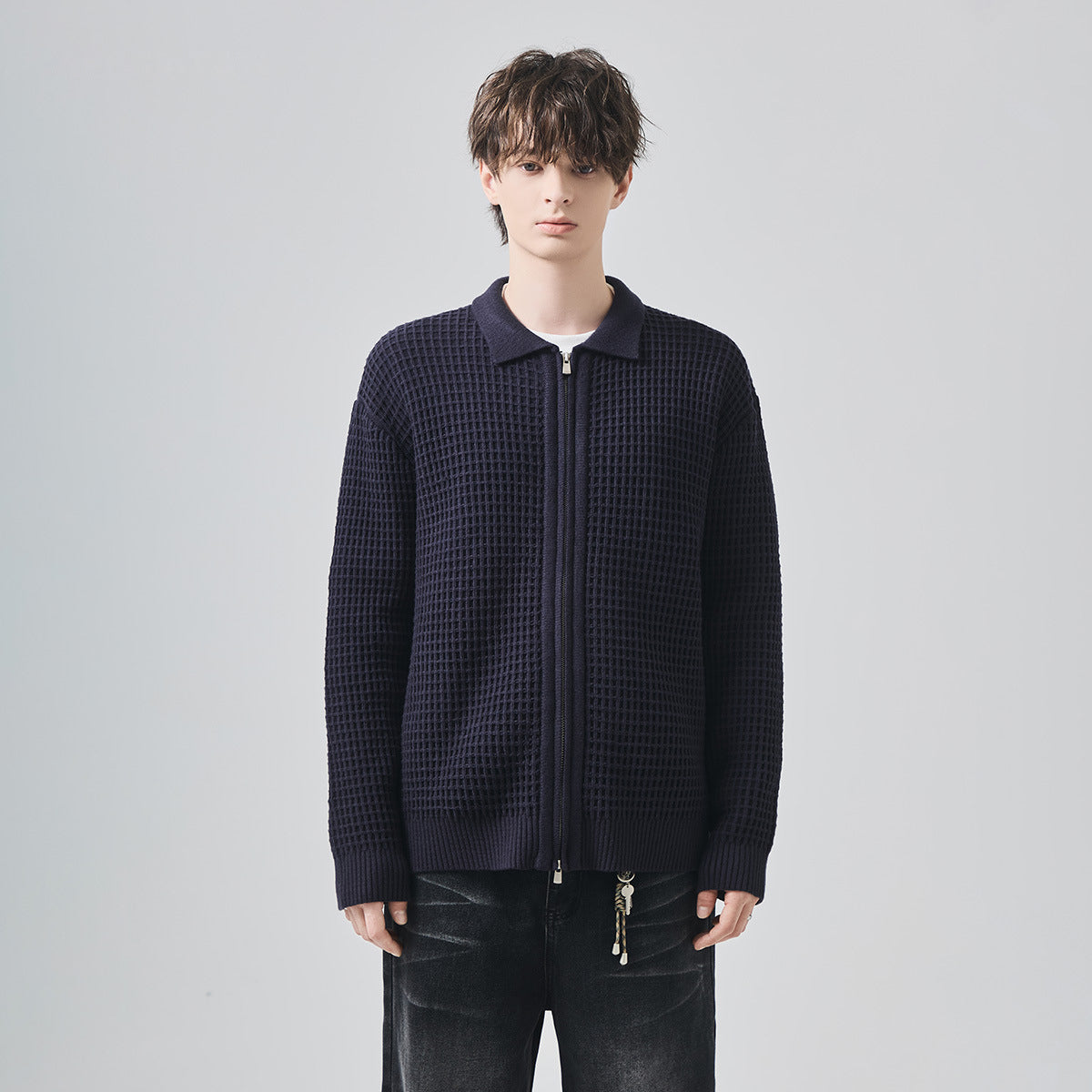 Men's Loose Zip-Up Waffle Knit Cardigan Jacket
