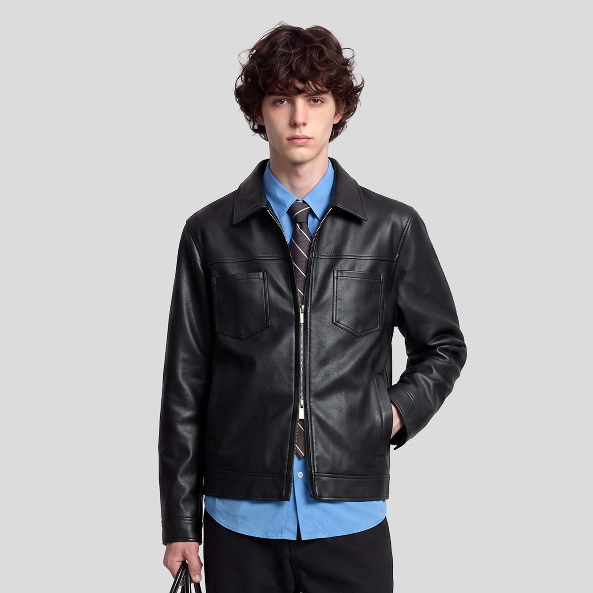 Men's Loose PU Leather Zip-Up Jacket with Collar