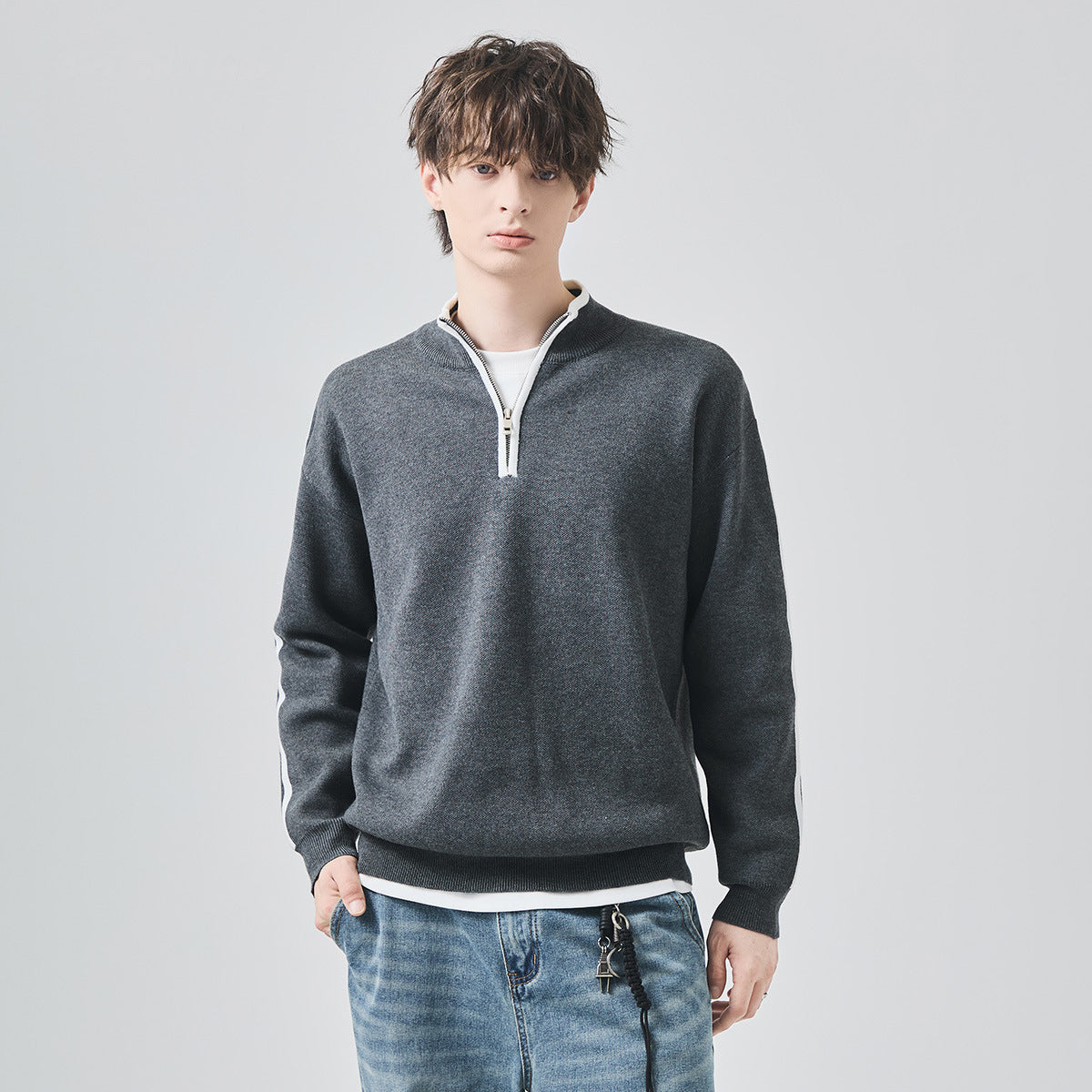 Men's Loose Half-Zip Contrast Stripe Knit Sweater