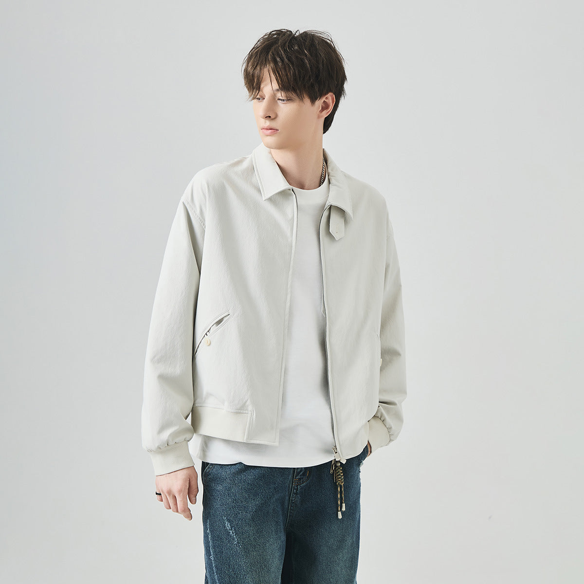 Men's Loose Zip-Up Casual Jacket with Ribbed Hem