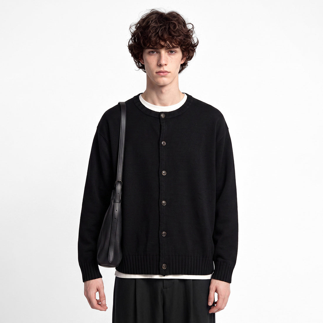 Men's Loose Round-Neck Button-Up Knit Cardigan