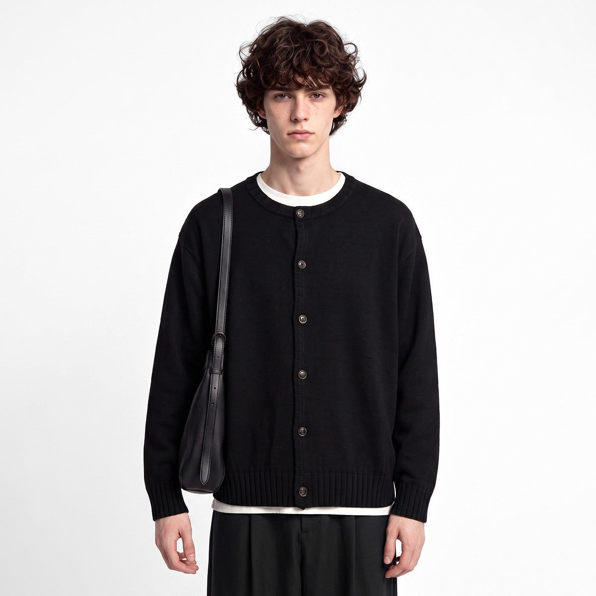 Men's Loose Round-Neck Button-Up Knit Cardigan