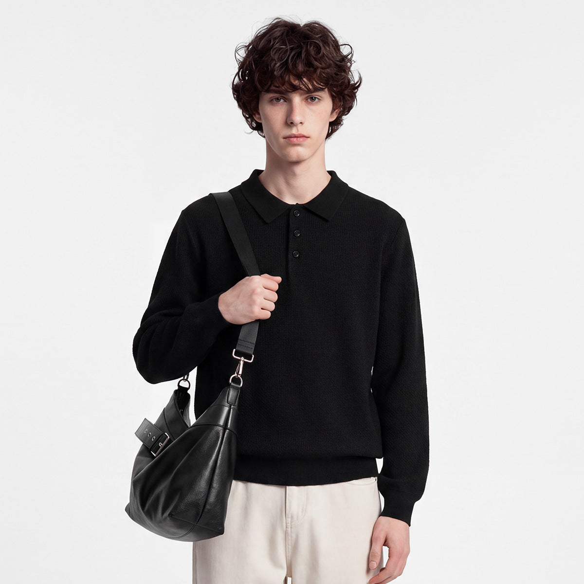 Men's Loose Long-Sleeve Knit Polo Sweater