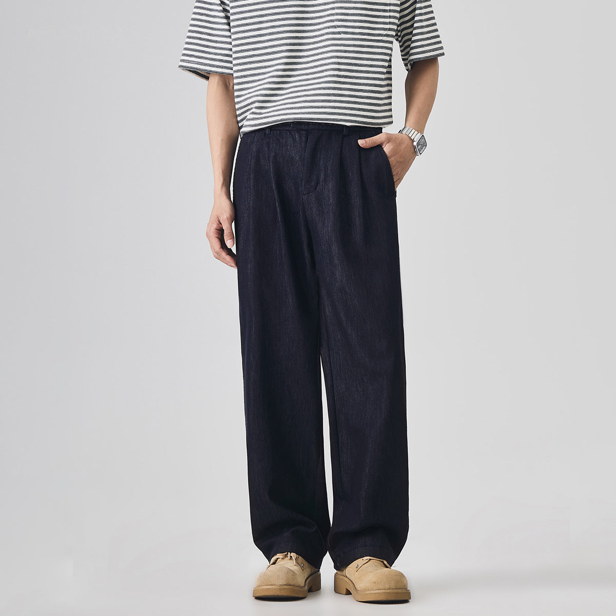 Men's Pleated Straight-Leg Denim Trousers