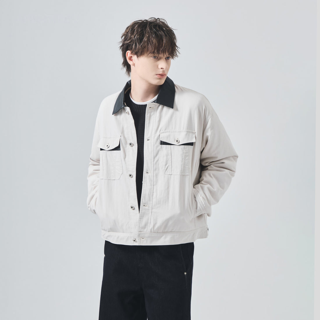 Men's Loose Thickened Contrast-Collar Button-Up Jacket