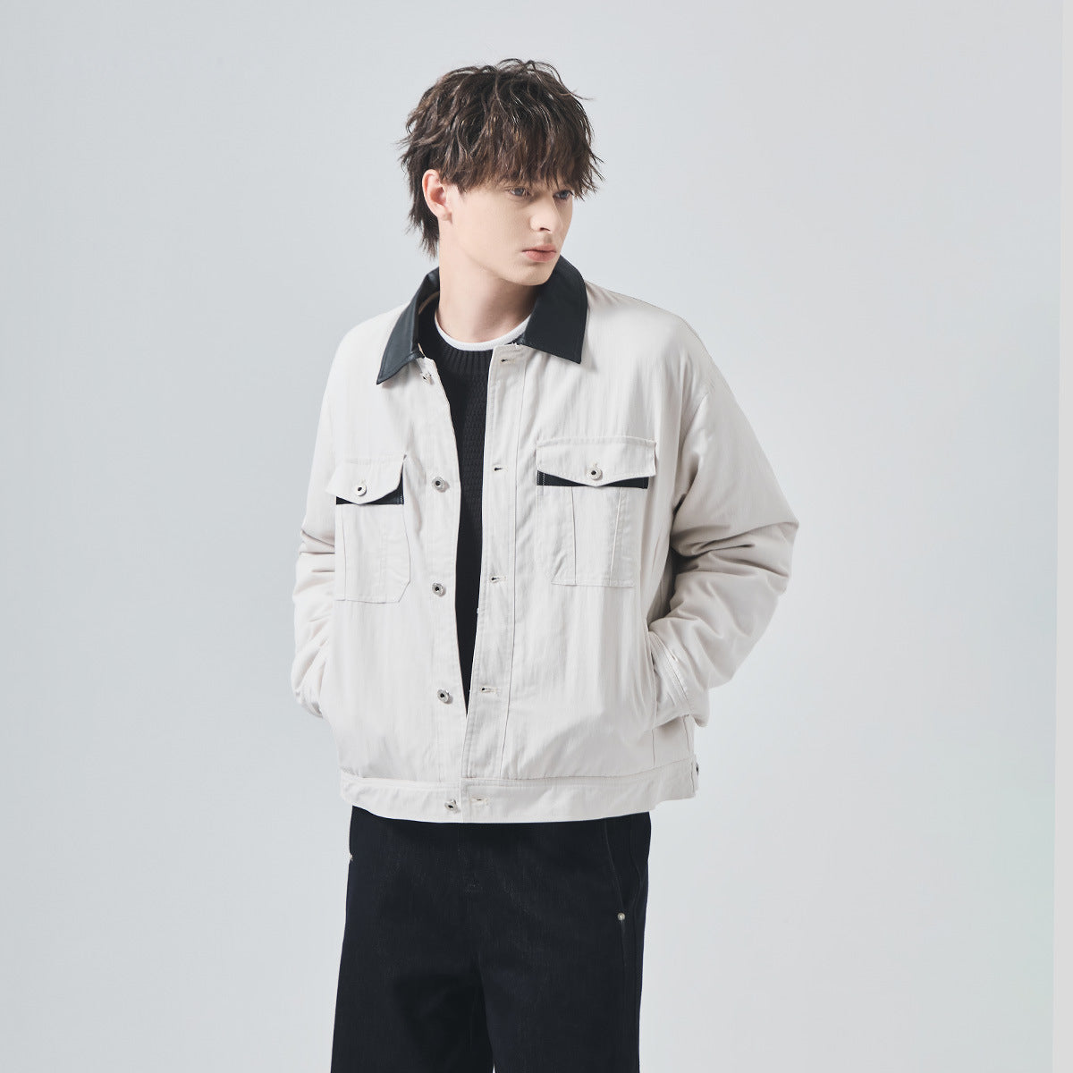 Men's Loose Thickened Contrast-Collar Button-Up Jacket