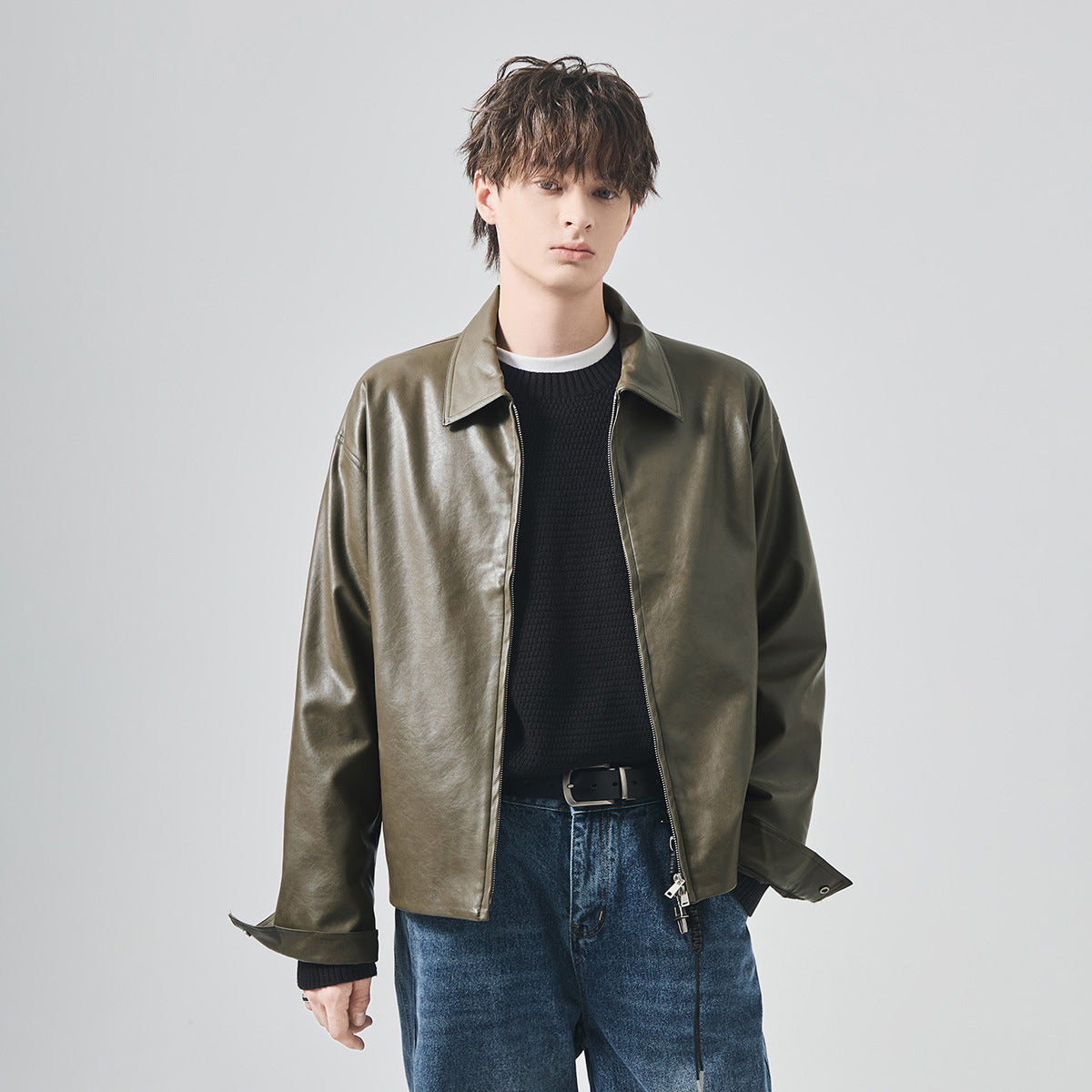 Men's Loose PU Leather Zip-Up Jacket
