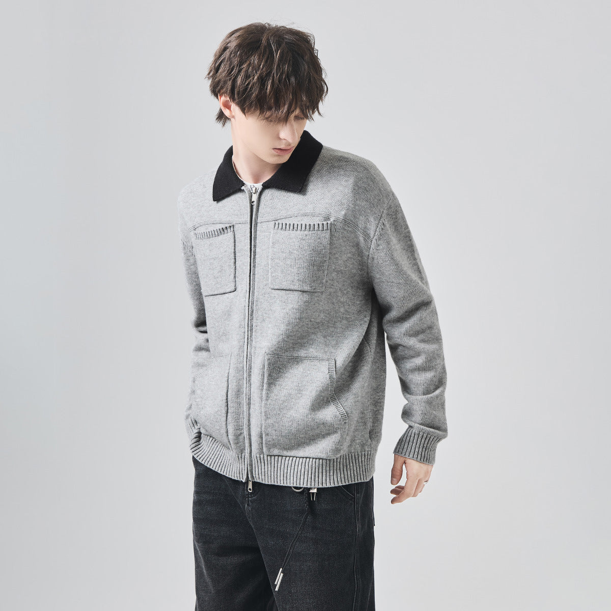 Men's Loose Lapel Knit Cardigan Jacket with Contrast Color