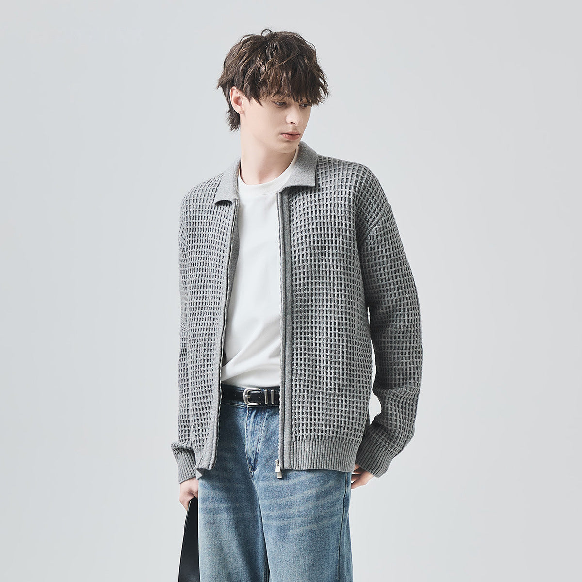 Men's Loose Zip-Up Waffle Knit Cardigan Jacket