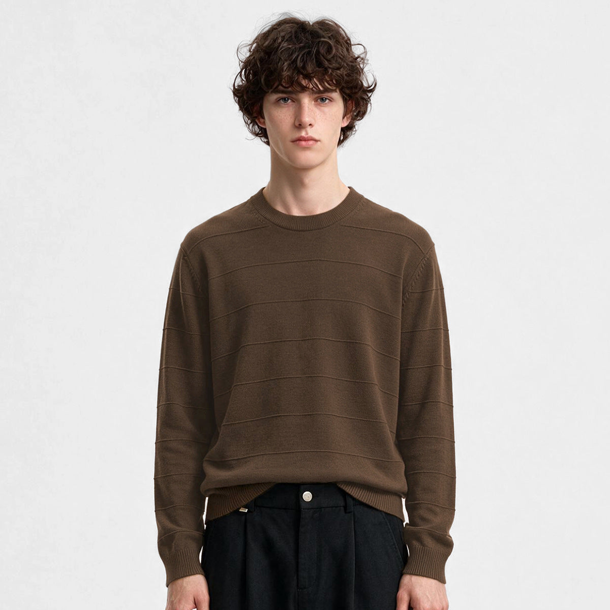Men's Loose Round-Neck Textured Stripe Knit Sweater