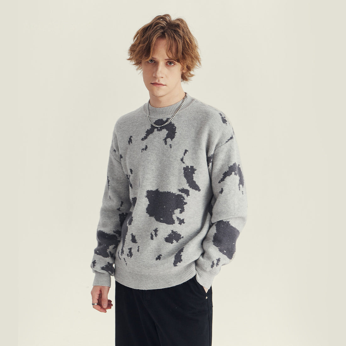 Men's Loose Crewneck Jacquard Knit Sweater