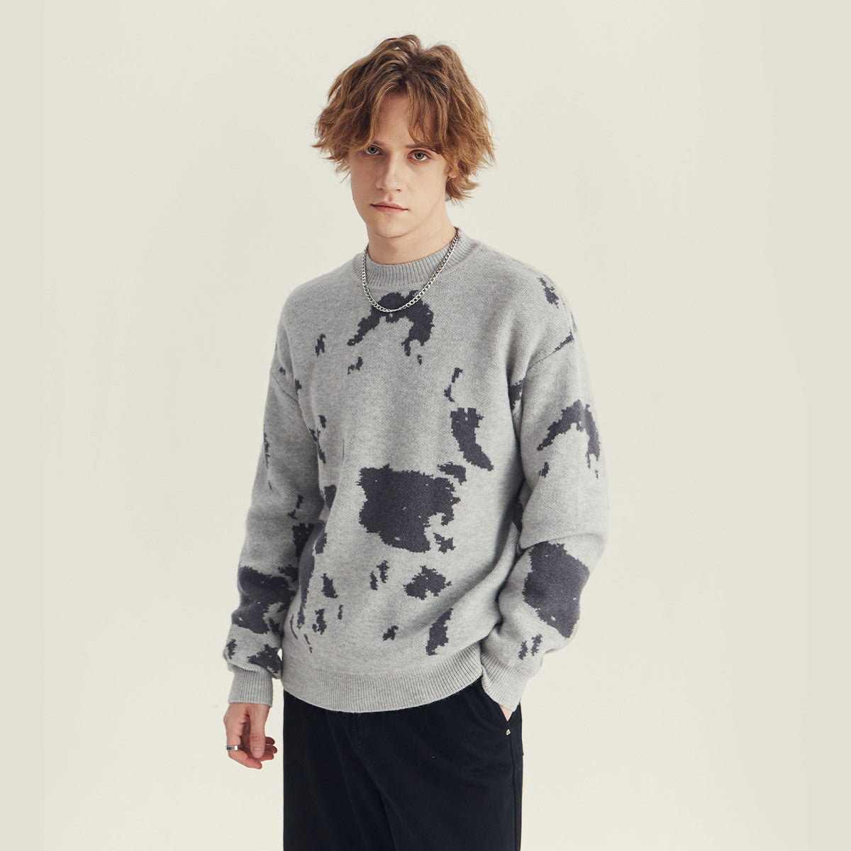 Men's Loose Crewneck Jacquard Knit Sweater