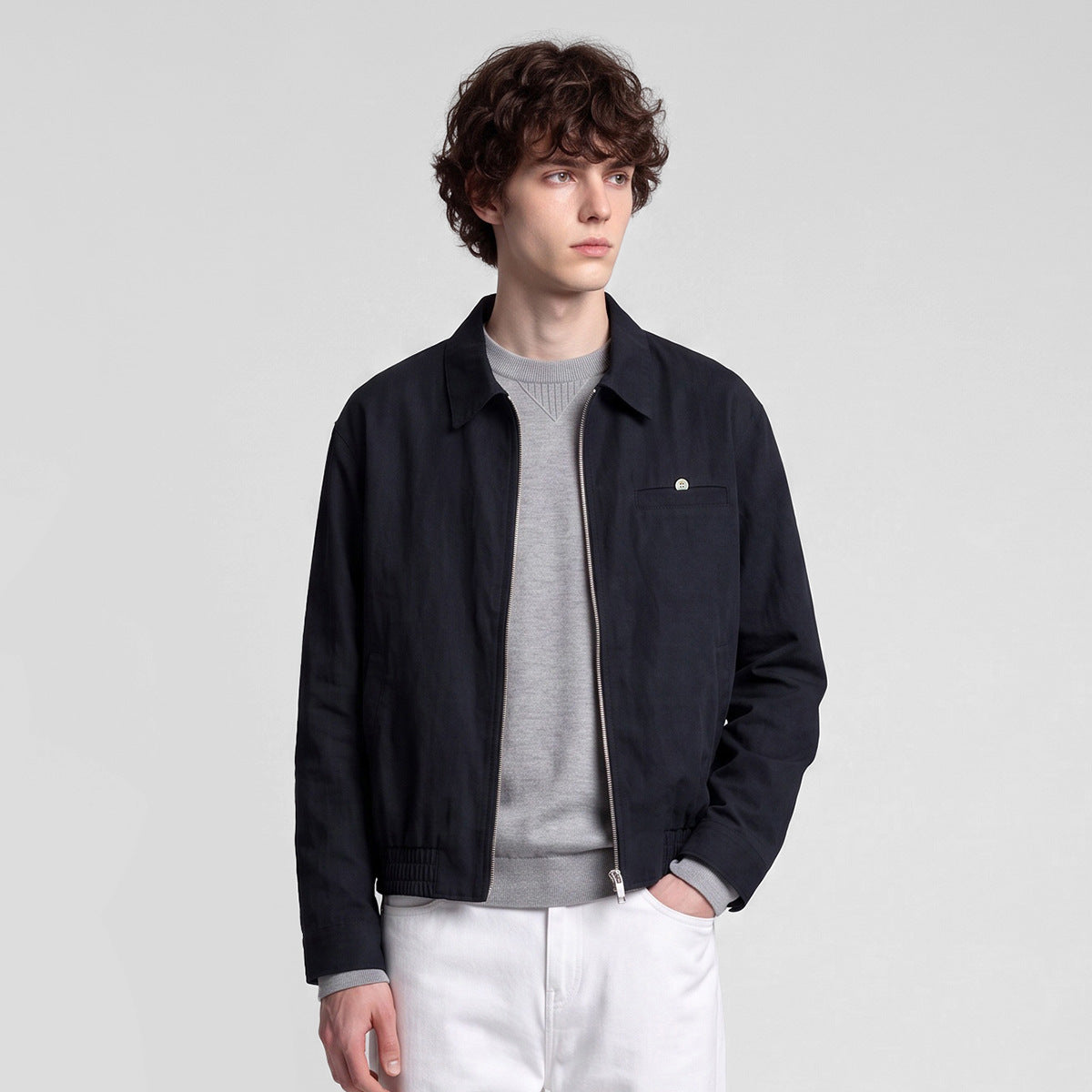 Men's Loose Zip-Up Casual Jacket, Collared Workwear Style