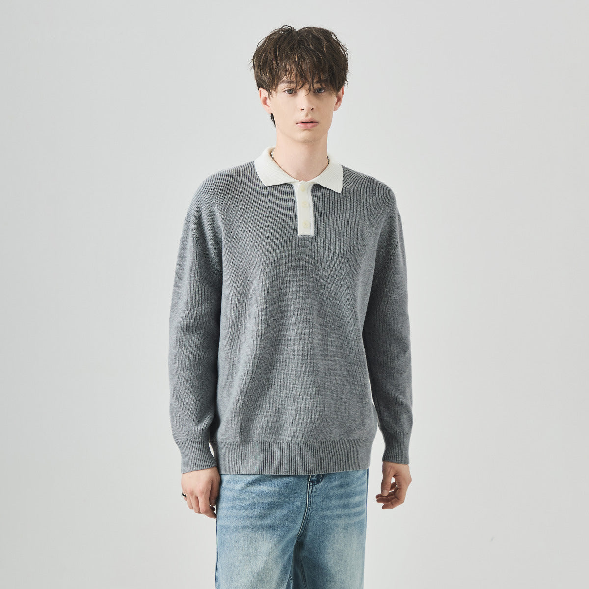 Men's Loose Contrast Collar Polo Knit Sweater