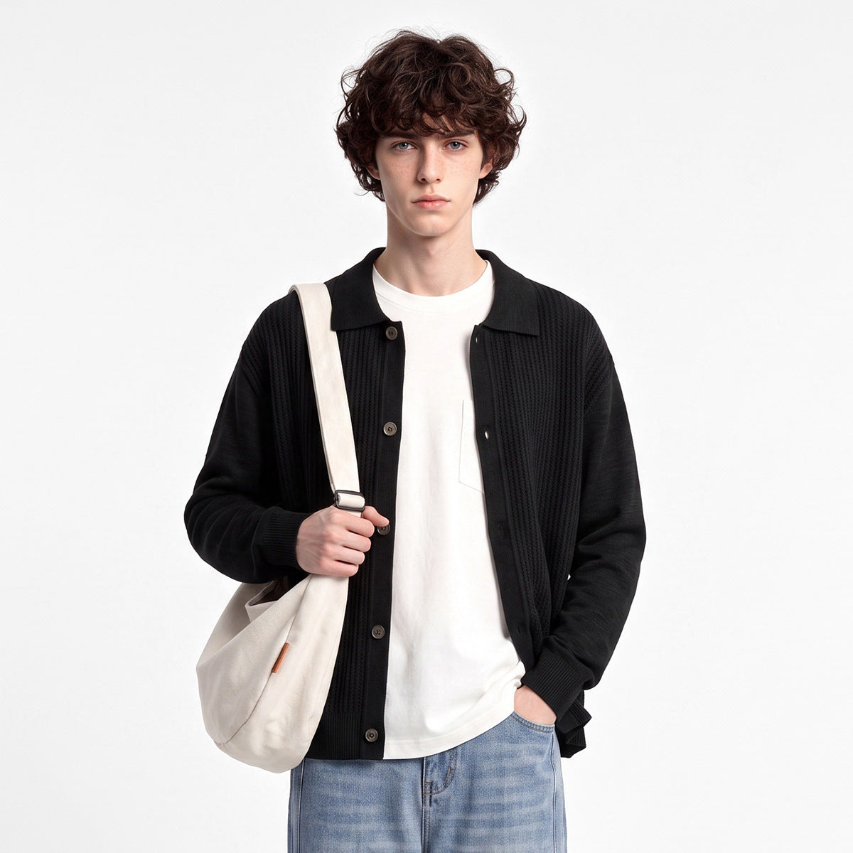 Men's Loose Turn-Down Collar Button-Up Knit Cardigan