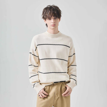 Unisex Loose Striped Crewneck Knit Sweater