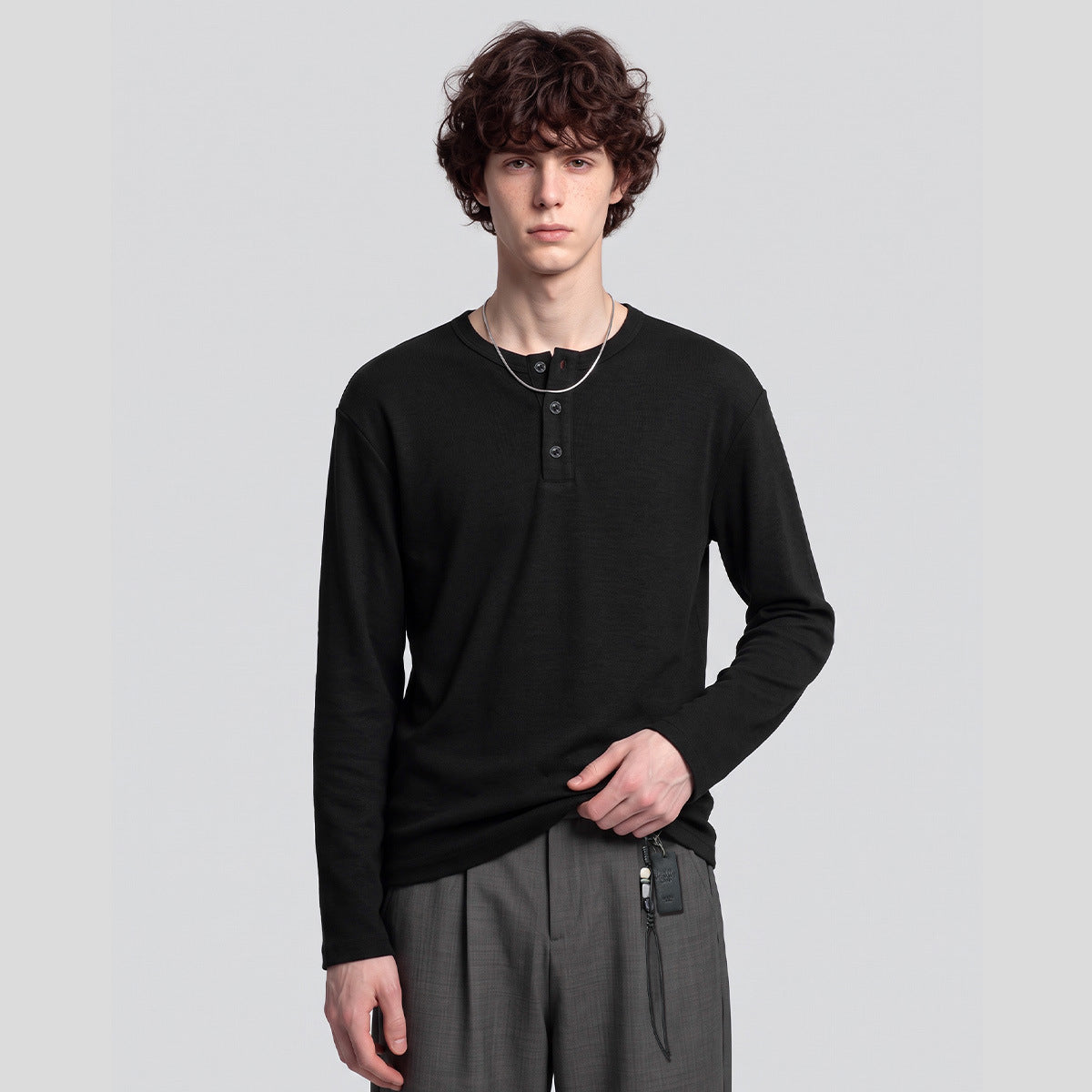 Men's Loose Henley Long-Sleeve T-Shirt, Button Placket Layering Top