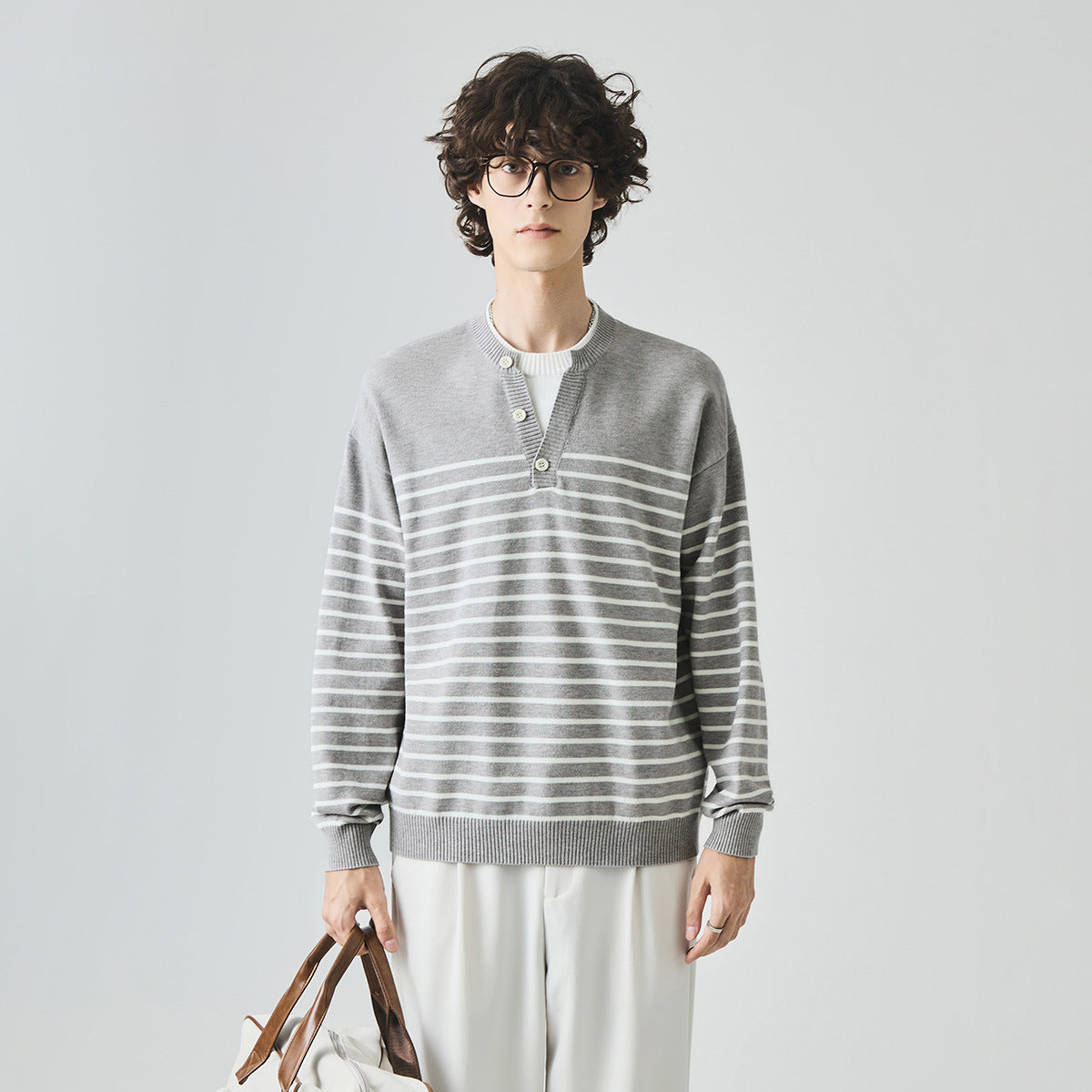 Men's Loose Striped Henley Knit Sweater