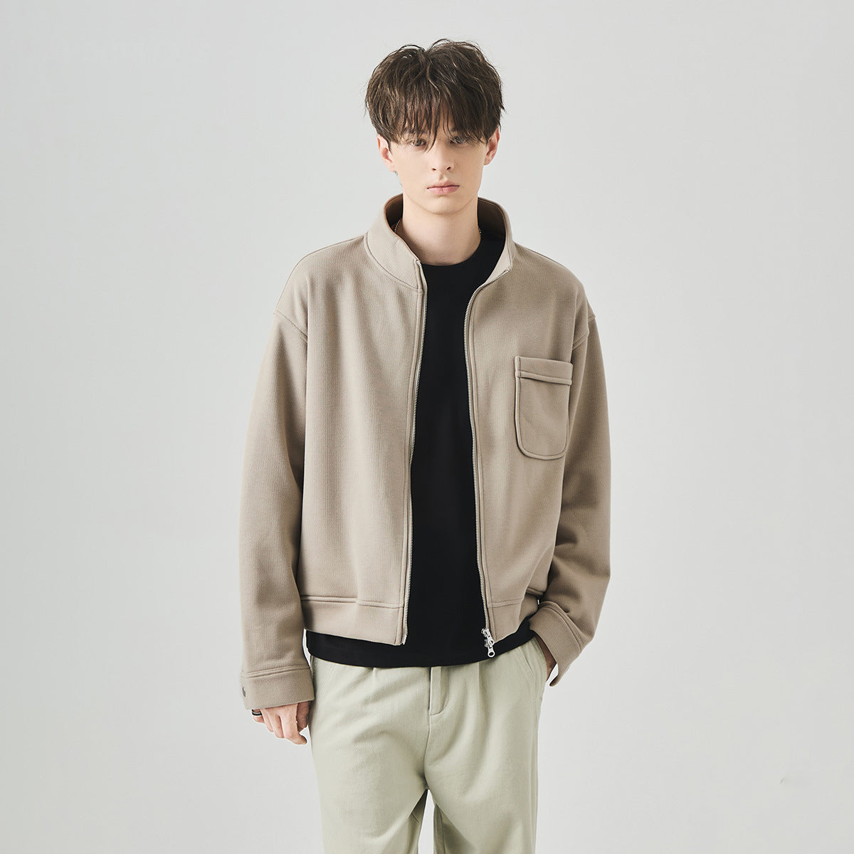 Men's Loose Fleece-Lined Stand-Collar Zip-Up Jacket