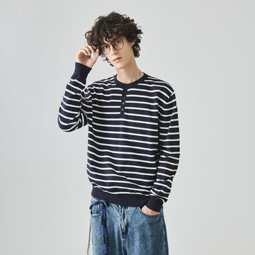 Men's Loose Henley Collar Striped Long-Sleeve Knit Sweater