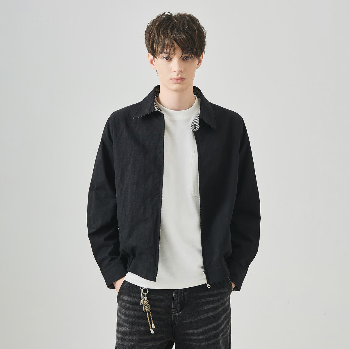 Men's Loose Reversible Zip-Up Jacket with Lapel Collar