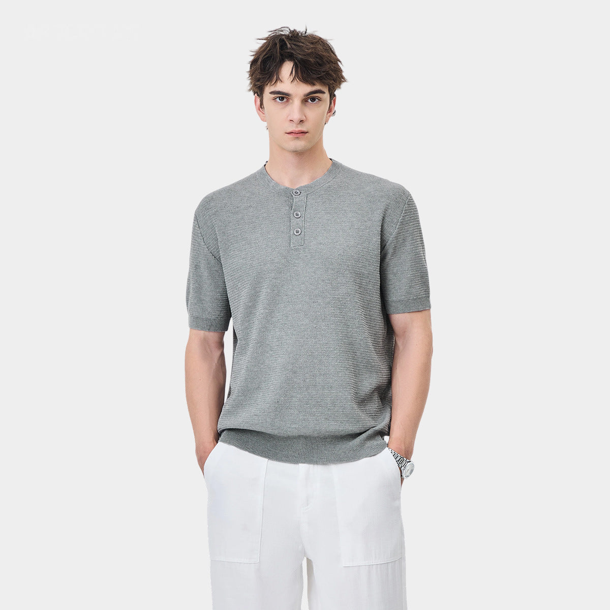 Men's Henley Collar Short-Sleeve Knit T-Shirt