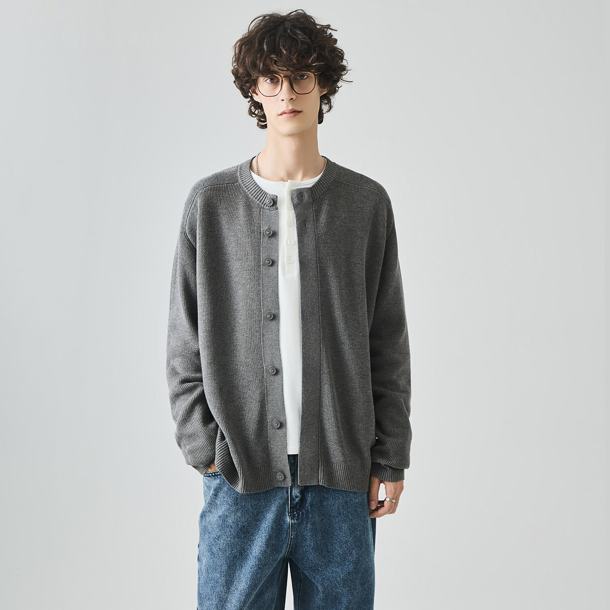 Men's Loose Round-Neck Knit Cardigan