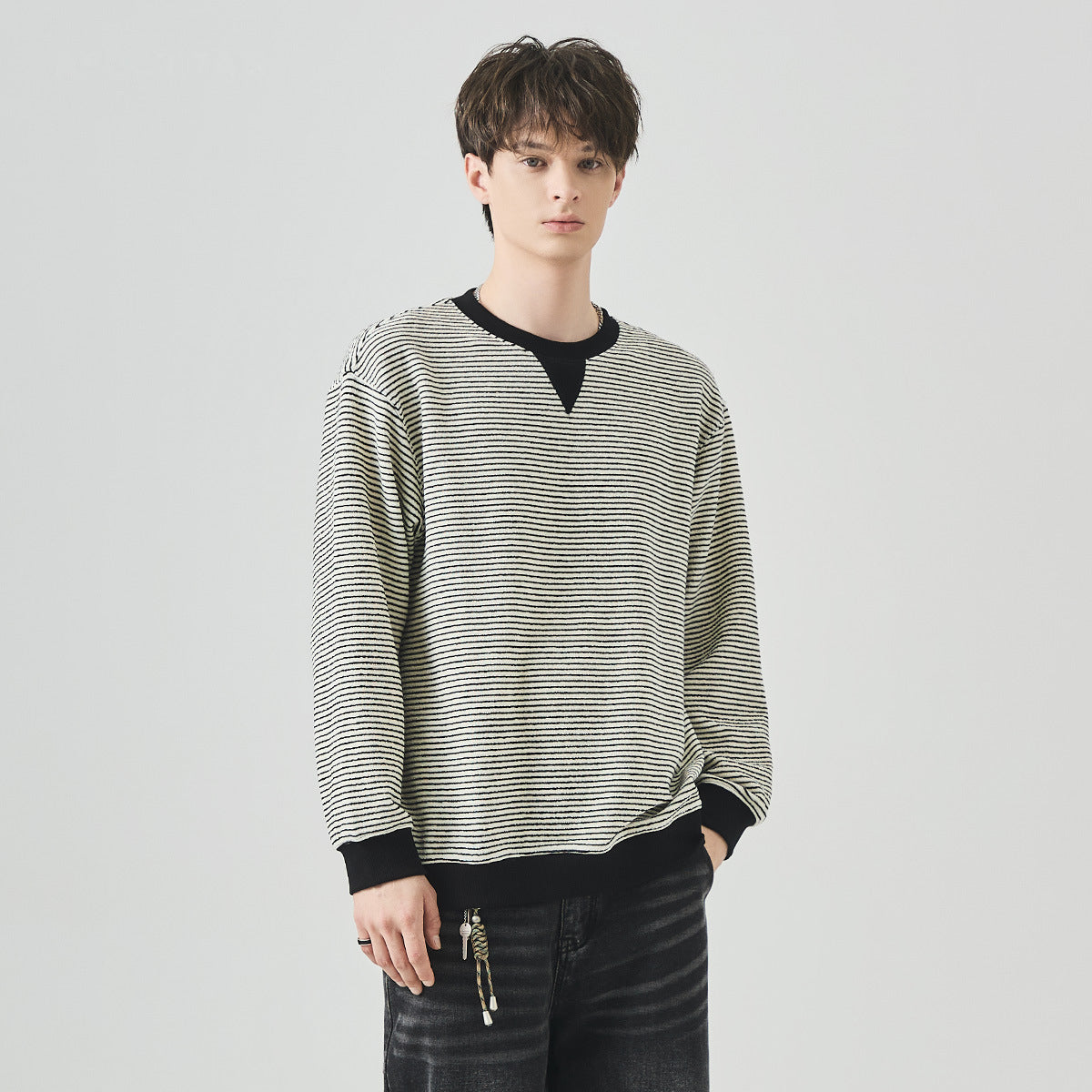 Men's Loose Contrast Stripe Pullover, Crew Neck Long-Sleeve Sweatshirt