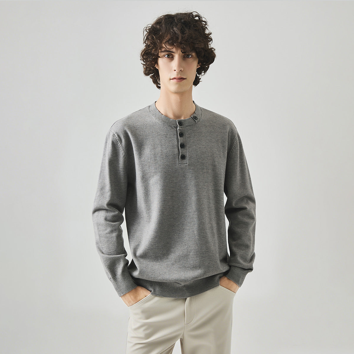 Men's Straight-Fit Henley Collar Knit Pullover Sweater