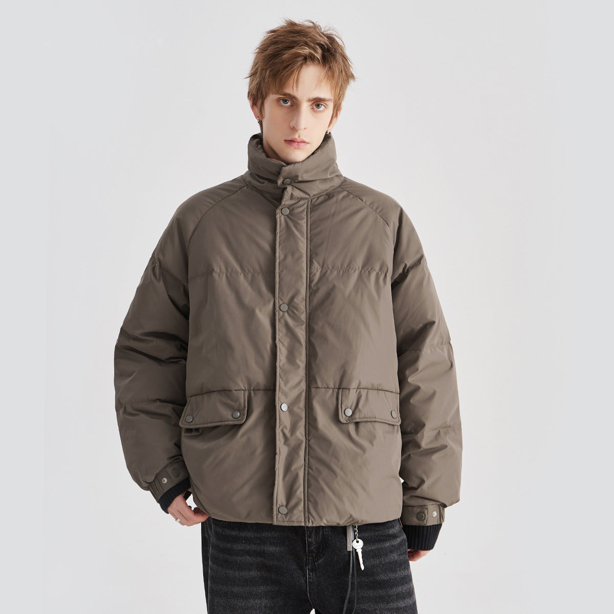 Men's Loose Windproof White Duck Down Stand-Collar Jacket