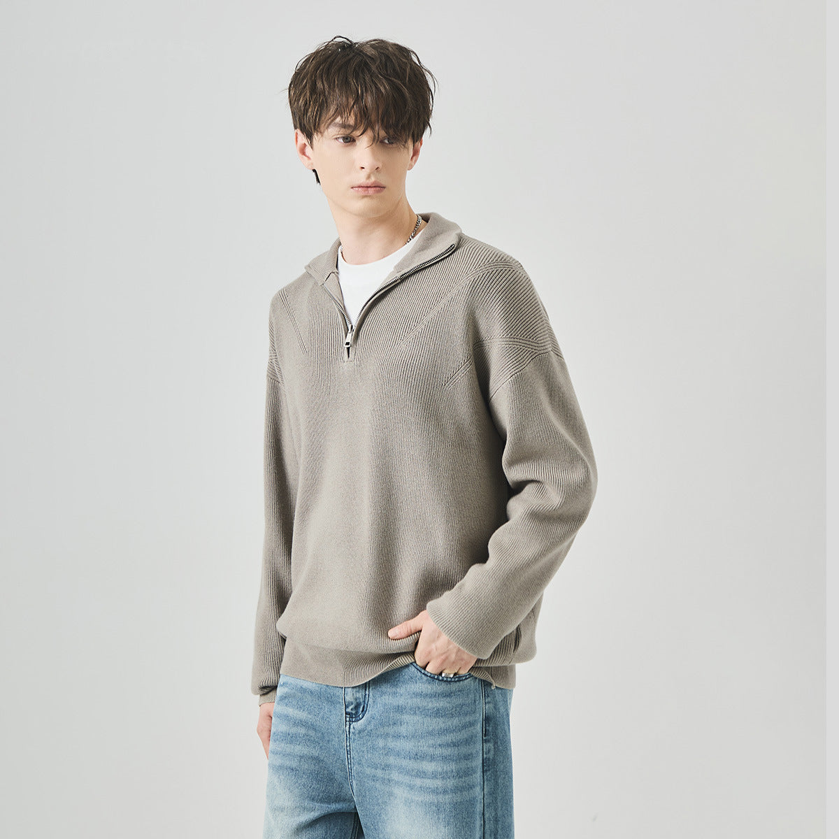 Men's Loose Half-Zip High Collar Knit Sweater