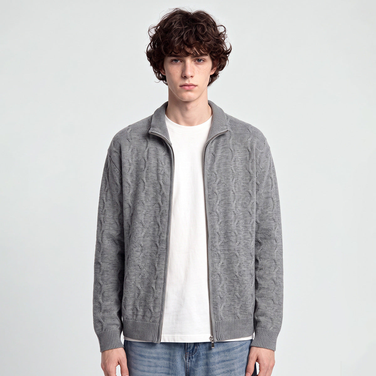 Men's Loose Half-High Collar Zip-Up Knit Cardigan