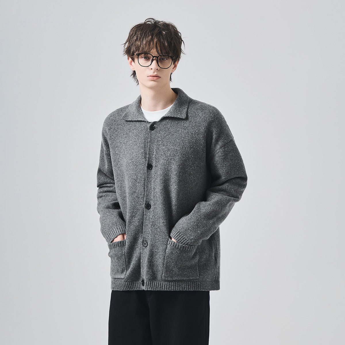 Unisex Loose Lapel Button-Up Knit Cardigan Jacket