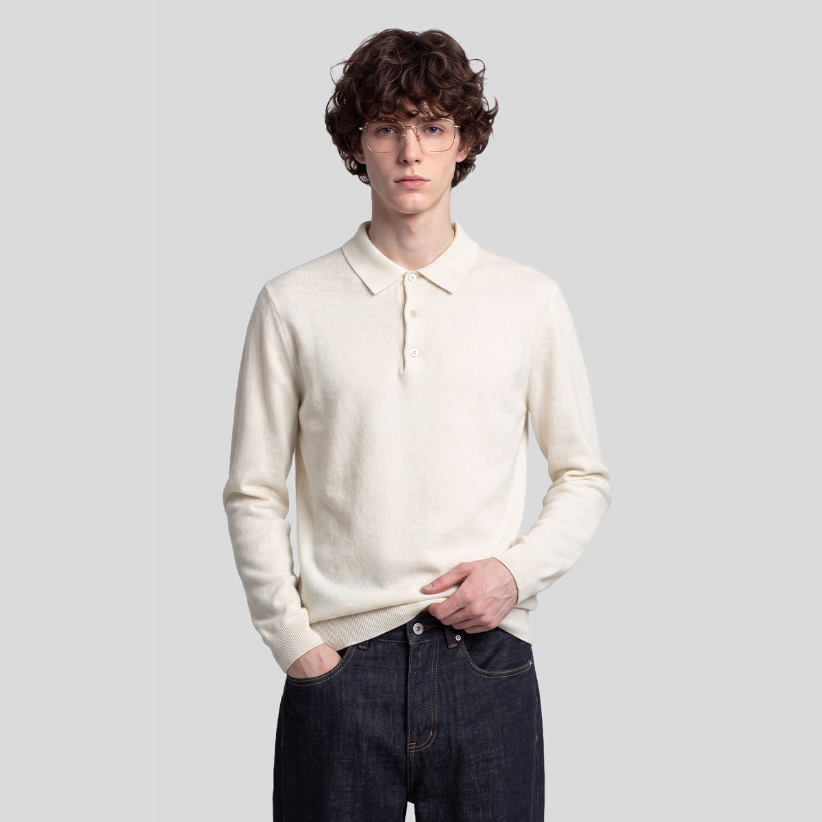 Men's Loose Polo Collar Long-Sleeve Knit Sweater