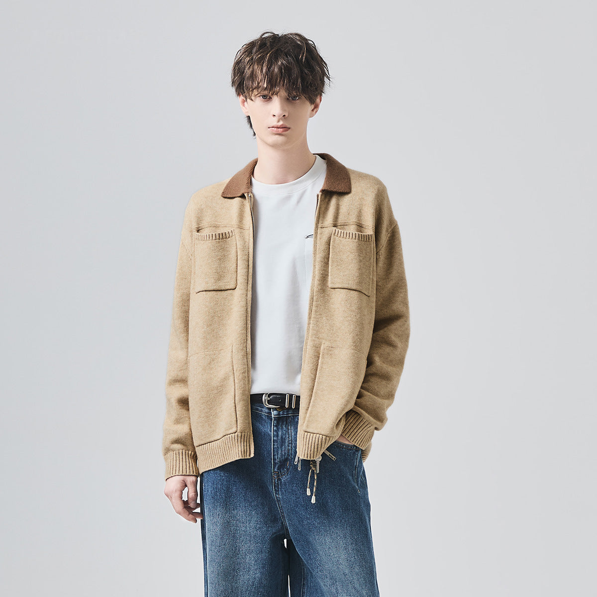 Men's Loose Lapel Knit Cardigan Jacket with Contrast Color