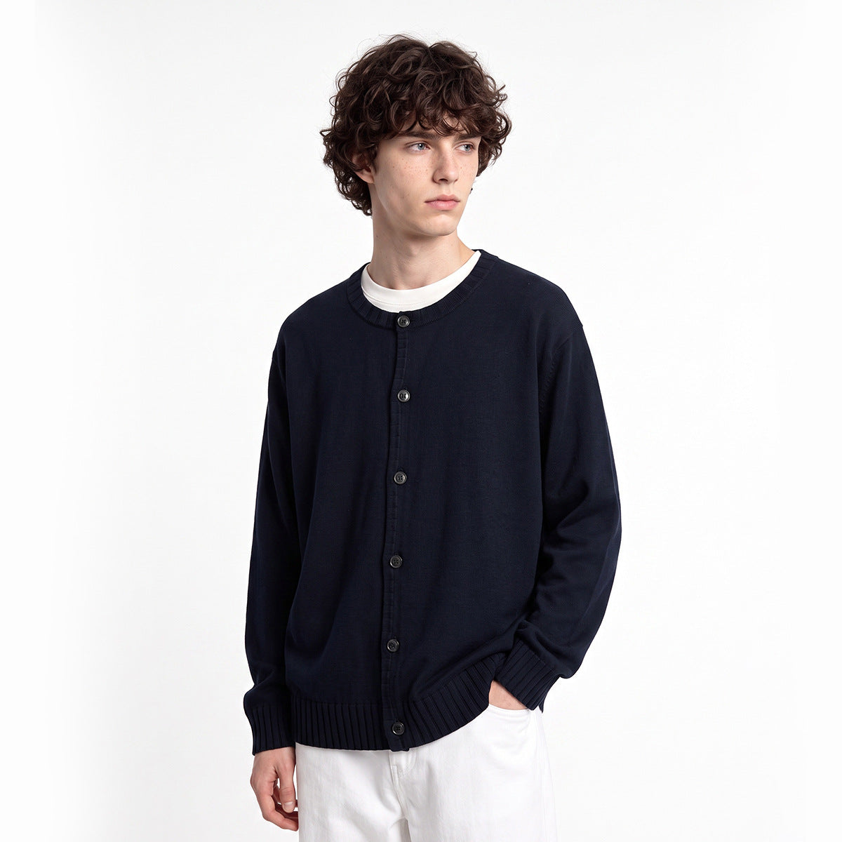 Men's Loose Round-Neck Button-Up Knit Cardigan