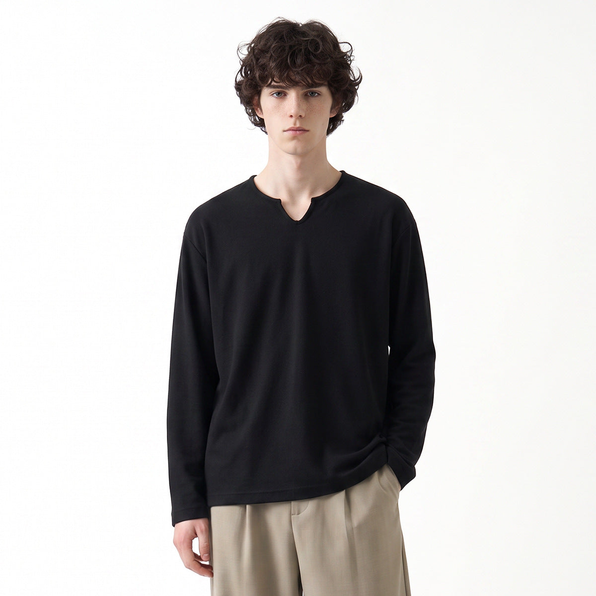 Men's Loose V-Neck Long-Sleeve T-Shirt, Cotton Blend Pullover