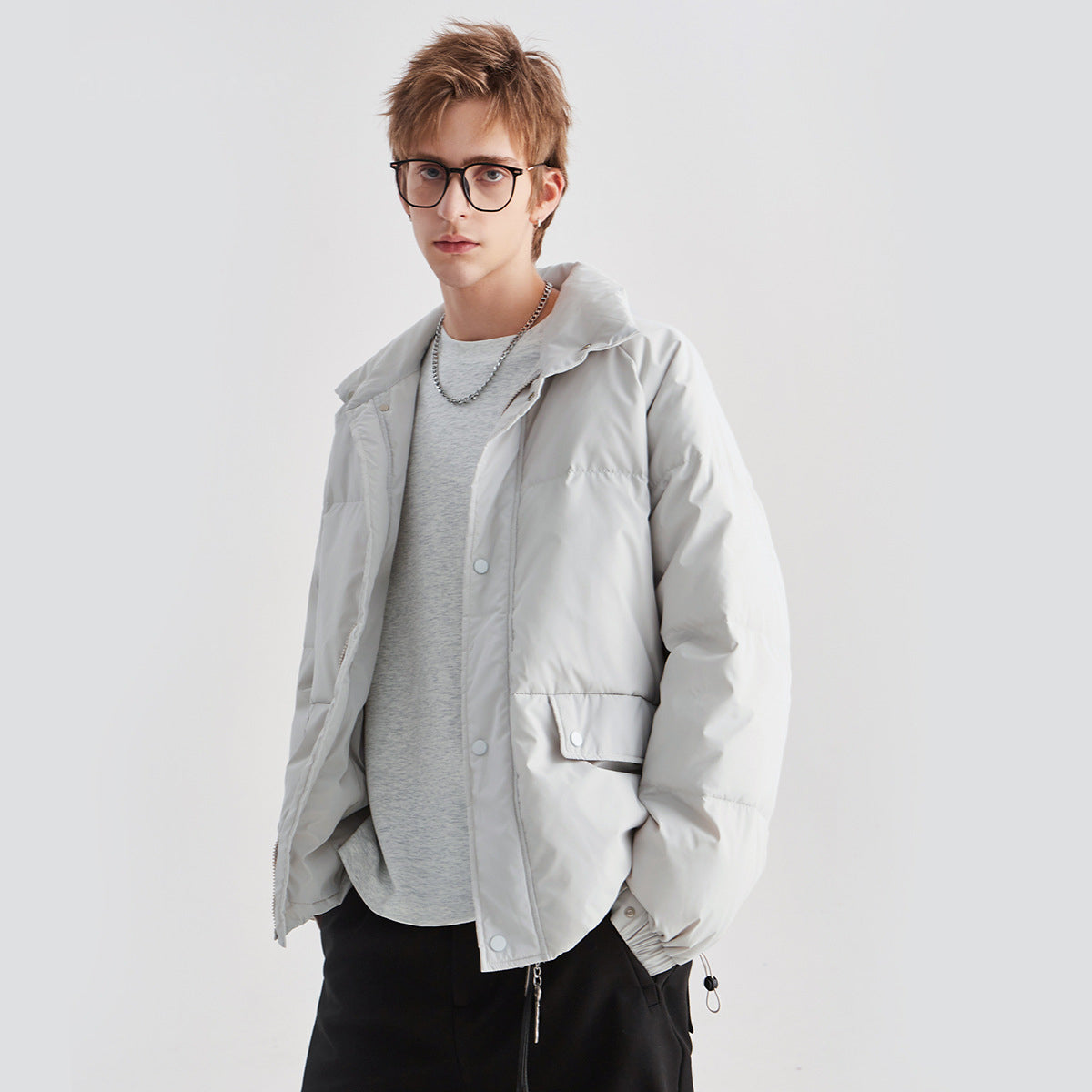 Men's Loose Windproof White Duck Down Stand-Collar Jacket