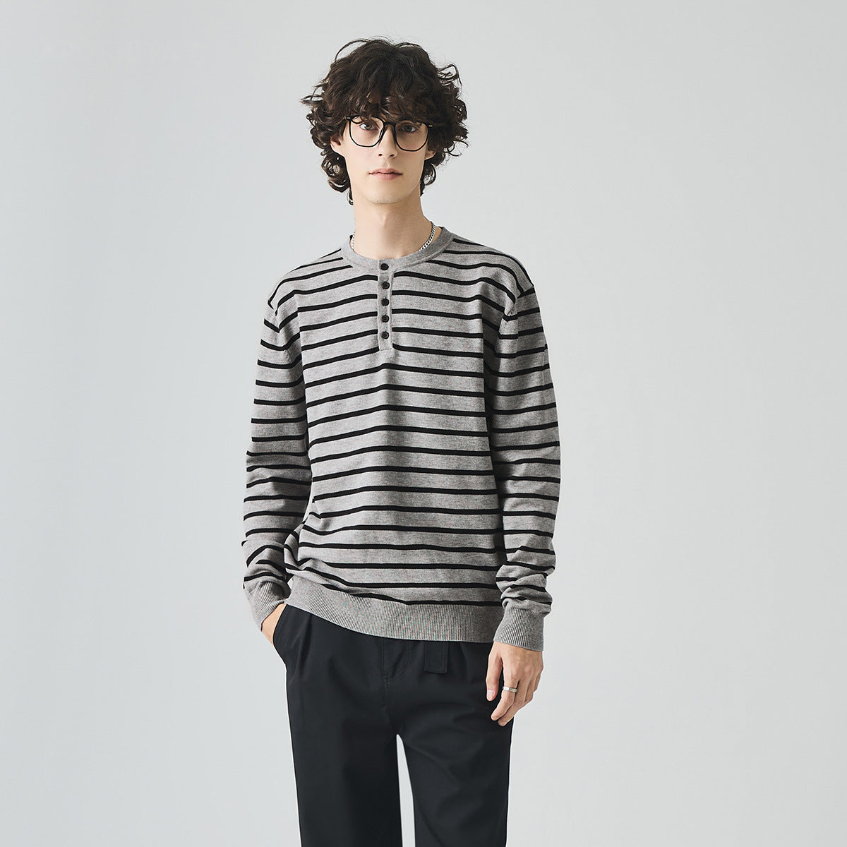 Men's Loose Henley Collar Striped Long-Sleeve Knit Sweater