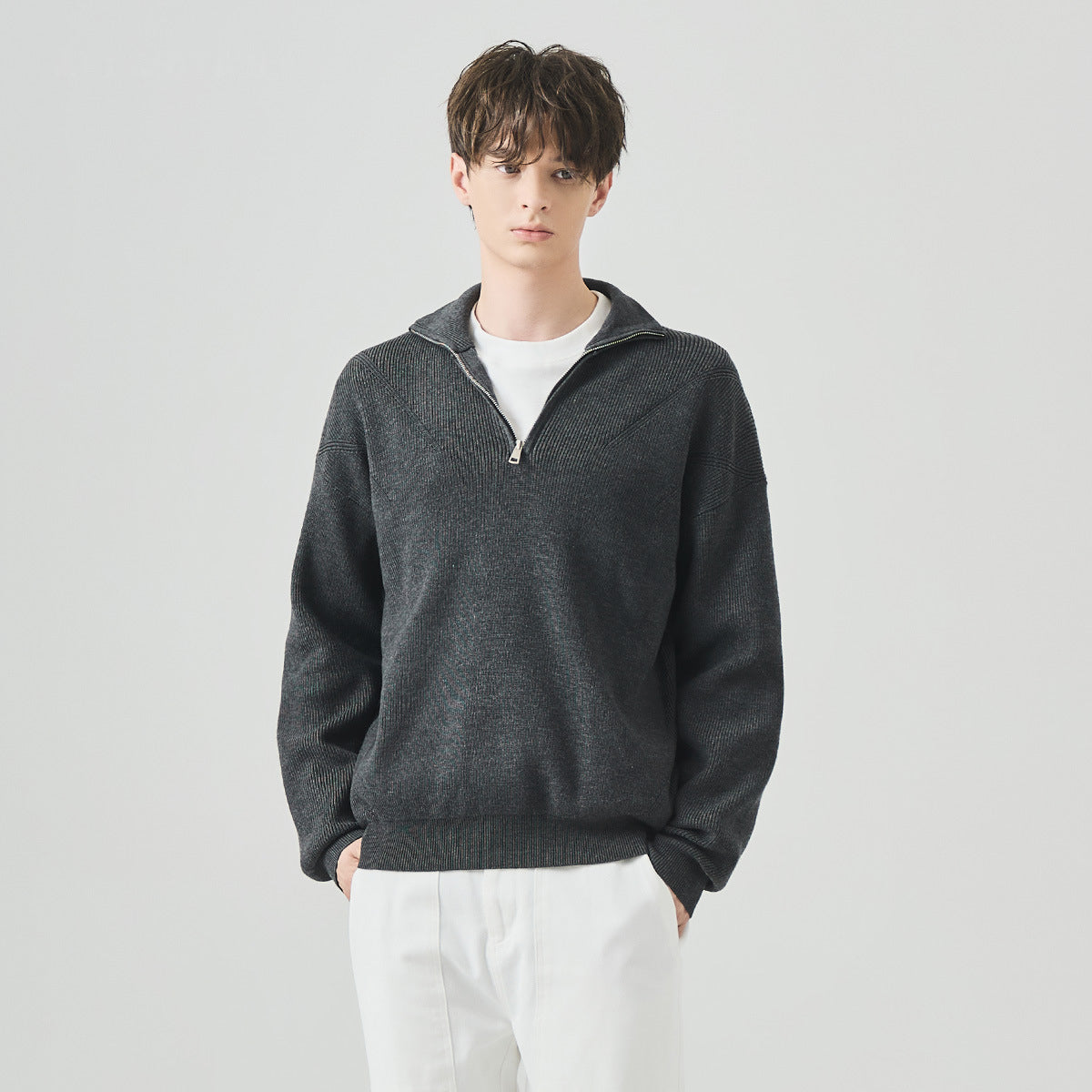 Men's Loose Half-Zip High Collar Knit Sweater