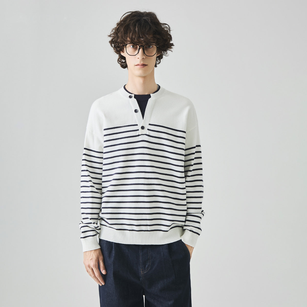 Men's Loose Striped Henley Knit Sweater