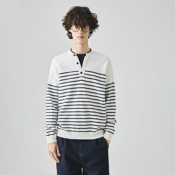 Men's Loose Striped Henley Knit Sweater