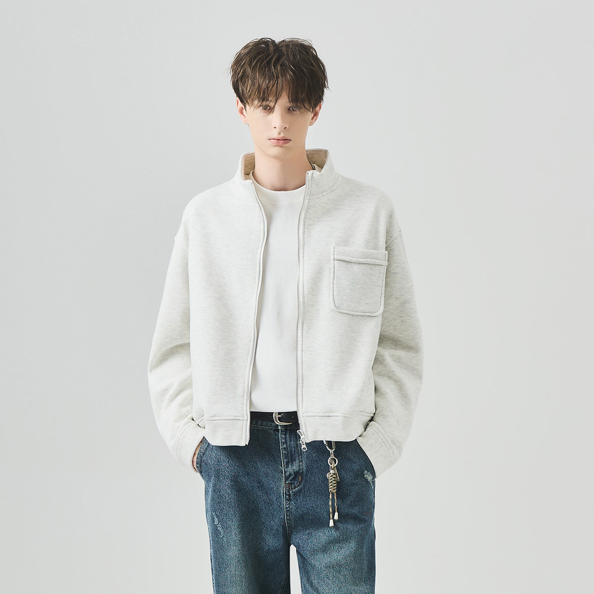 Men's Loose Fleece-Lined Stand-Collar Zip-Up Jacket