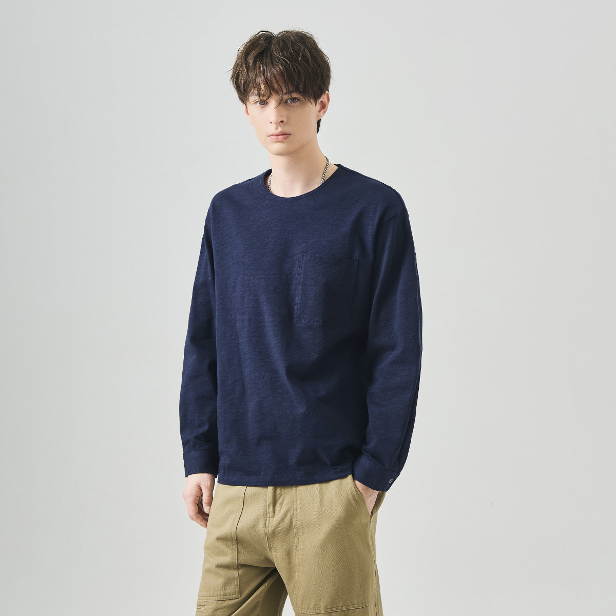 Men's Loose Long-Sleeve Cotton T-Shirt, Slub Cotton Pocket Tee