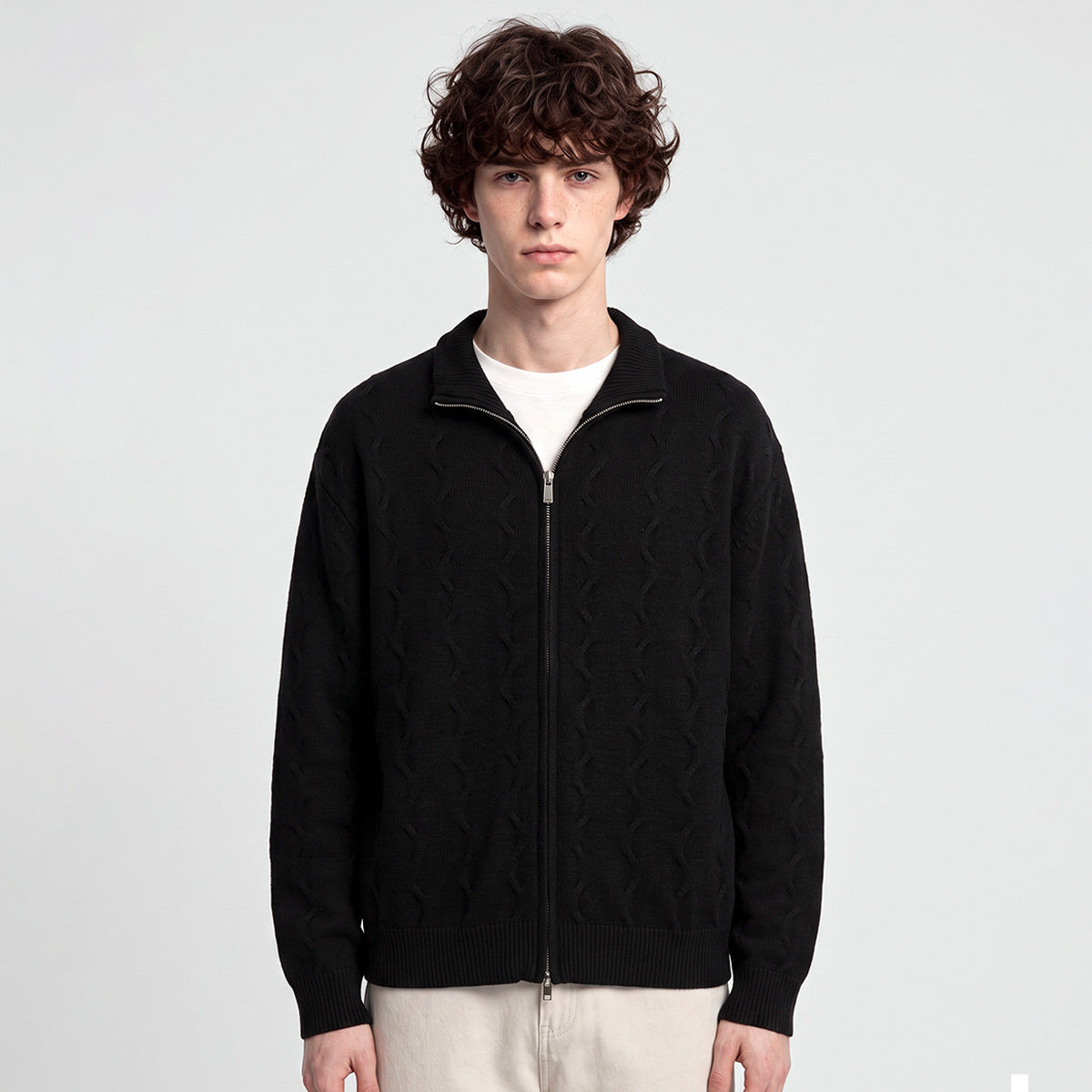 Men's Loose Half-High Collar Zip-Up Knit Cardigan
