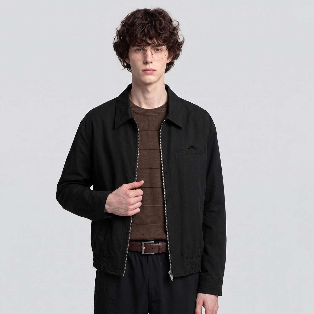 Men's Loose Zip-Up Casual Jacket, Collared Workwear Style