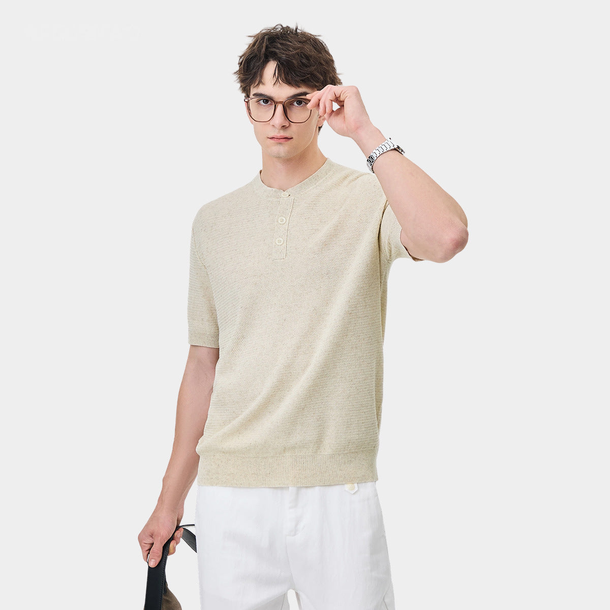Men's Henley Collar Short-Sleeve Knit T-Shirt