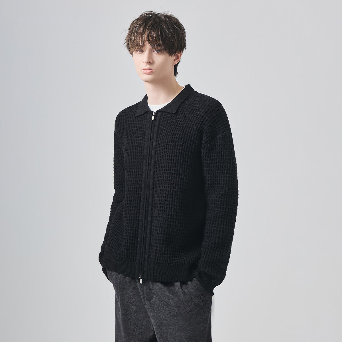 Men's Loose Zip-Up Waffle Knit Cardigan Jacket