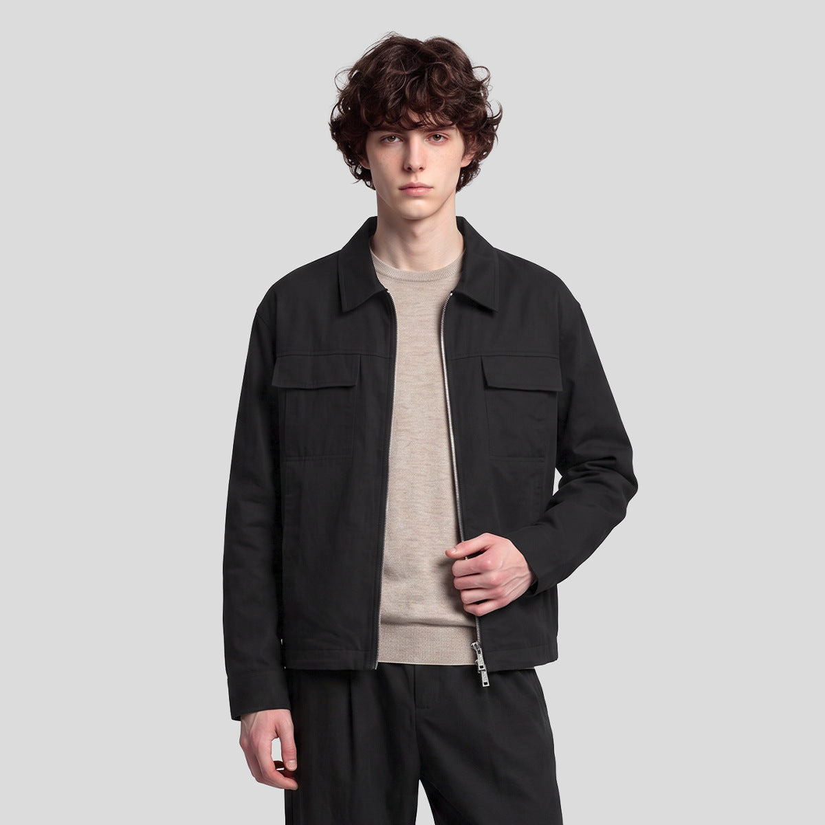 Men's Loose Lyocell-Cotton Workwear Zip-Up Jacket